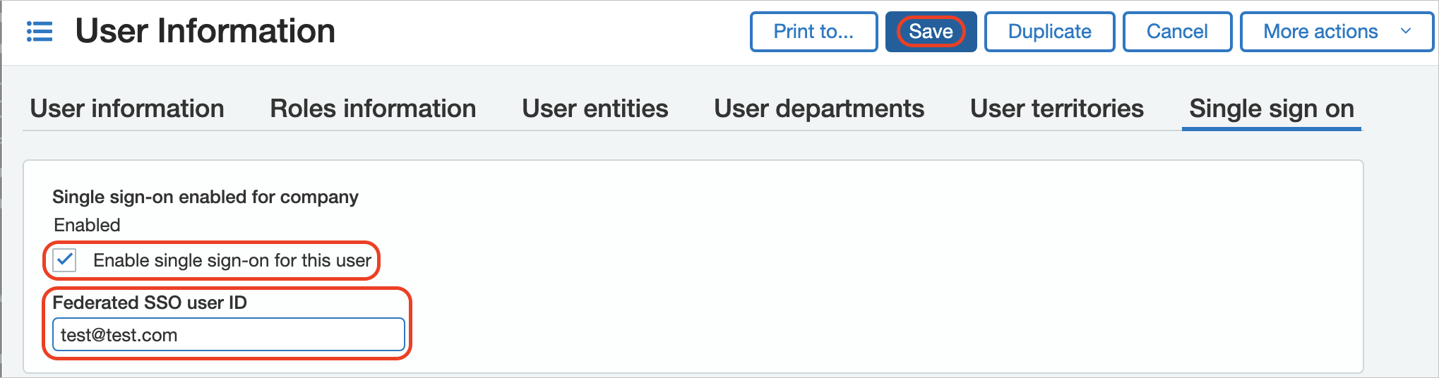 Screenshot shows the User Information section where you can enter the Federated S S O user i d.
