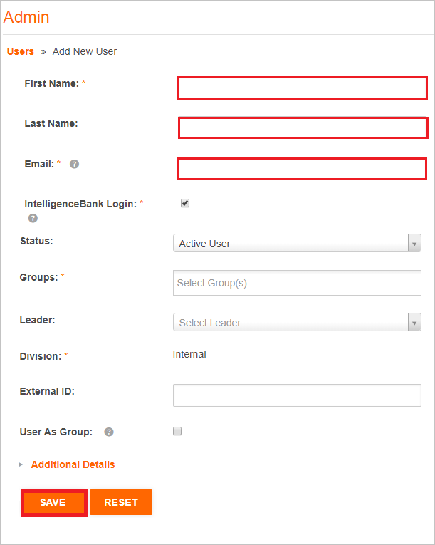 Screenshot show the Add New User page where you enter user information.