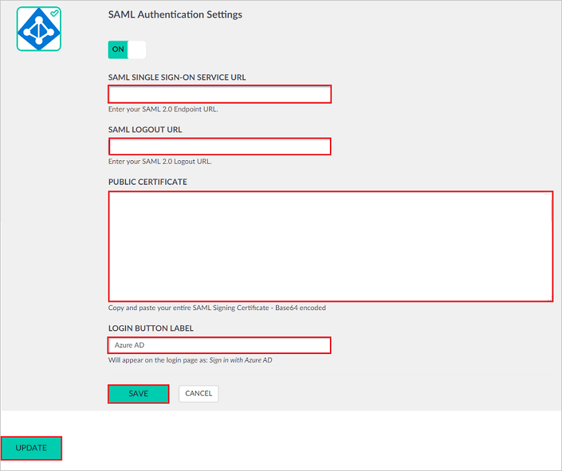Screenshot shows the SAML Authentication Settings