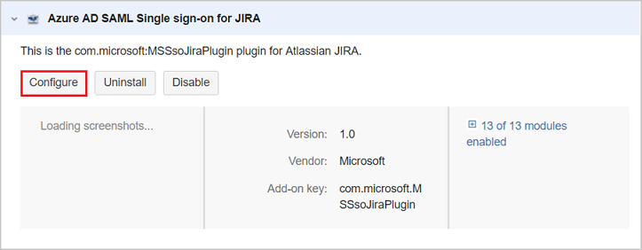 Screenshot shows the Microsoft Entra SAML Single Sign-on for Jira section with Configure selected.