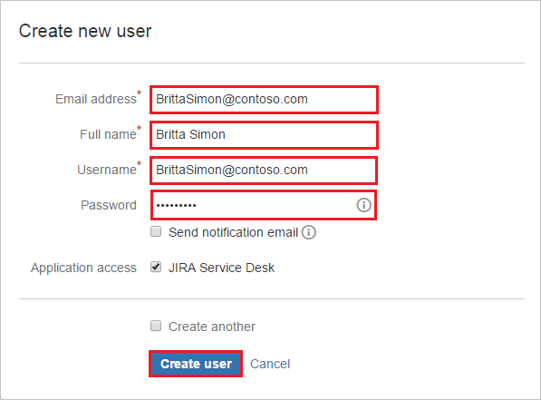 Screenshot shows the Create new user dialog box where you can enter the information in this step.