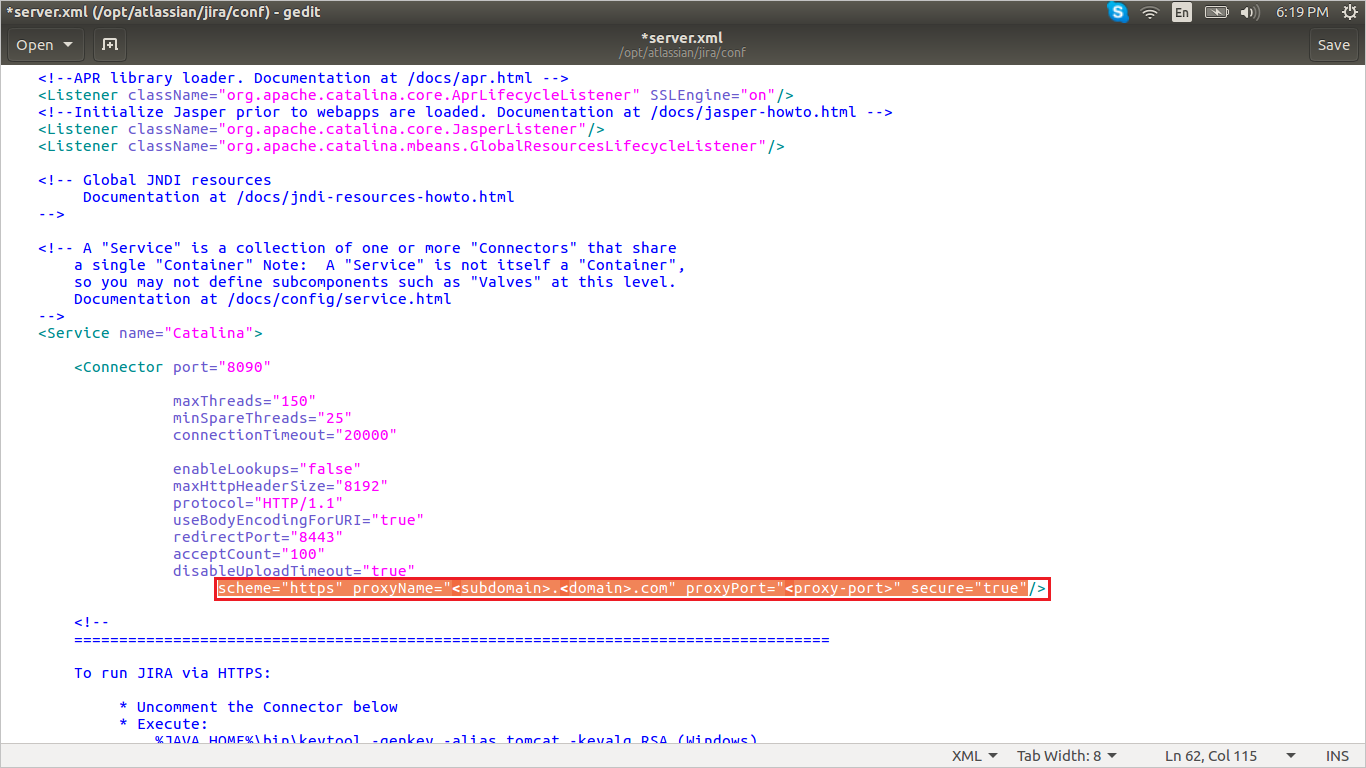 Screenshot shows the server dot x m l file in an editor with the new line added.
