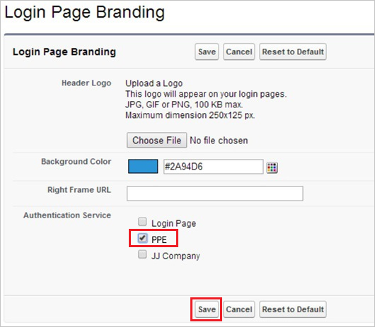 Screenshot shows the Login Page Branding section with PPE and Save selected.