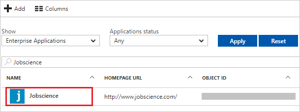 Screenshot shows Jobscience selected.