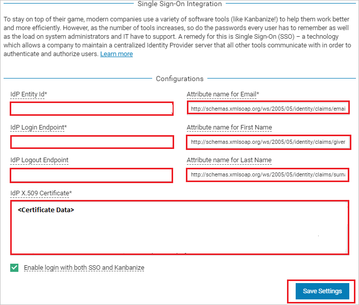 Screenshot shows the Single Sign-On Integration page where you enter the values in this step.