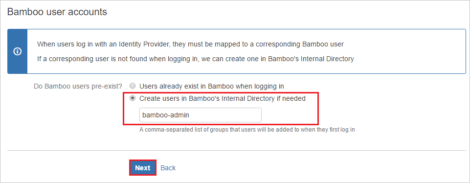 Screenshot shows Bamboo user accounts where you have the option to create users.
