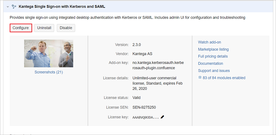Screenshot that shows the "Kantega Single Sign-on with Kerberos and S A M L" page with the "Configure" button selected.