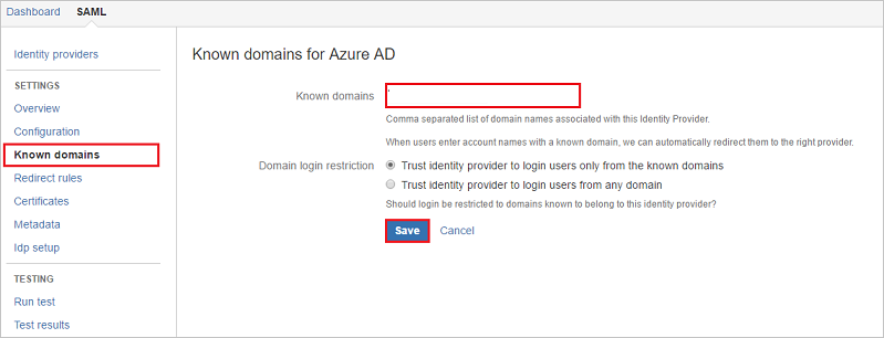 Screenshot that shows the "Known domains for Microsoft Entra ID" page with the "Known domains" textbox highlighted and the "Save" button selected.