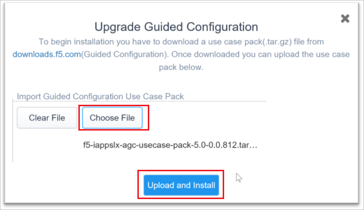 Screenshot that shows the "Upgrade Guided Configuration" pop-up screen with "Choose File" and "Upload and Install" selected.