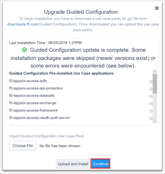 Screenshot that shows the "Guided Configuration update is complete" dialog and the "Continue" button selected.
