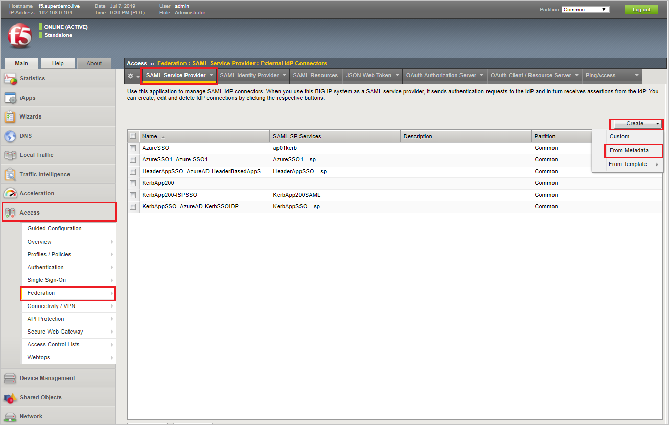 Screenshot that shows the "S A M L Service Provider" page with "From Metadata" selected from the "Create" drop-down.