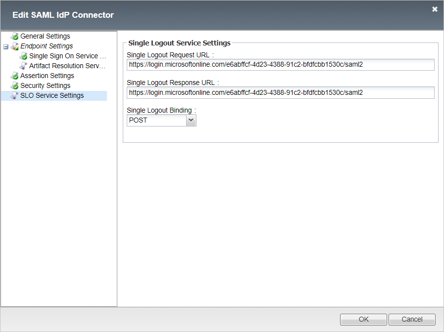 Screenshot that shows the "Edit S A M L I d P Connector" window with "S L O Service Settings" selected.