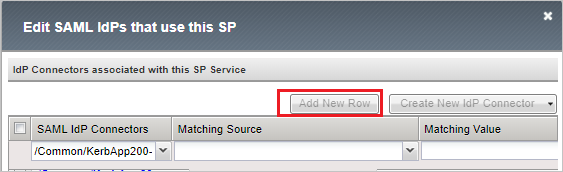 Screenshot that shows the "Edit S A M L I d Ps that use this S P" window with the "Add New Row" button selected.