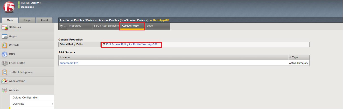 Screenshot that shows the "Access Policy" page with the "Edit Access Policy for Profile KerbApp200" action selected.