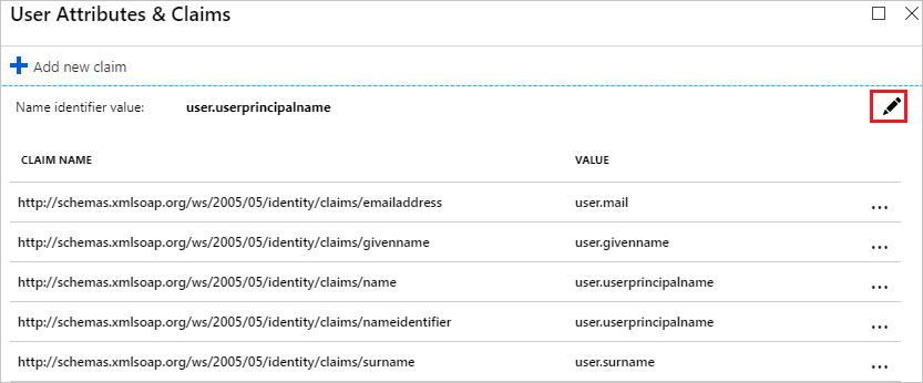 Screenshot shows User Attributes & Claims with the Edit icon selected.
