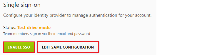 Screenshot shows the Single sign-on page where you can ENABLE S S O and EDIT SAML CONFIGURATION.