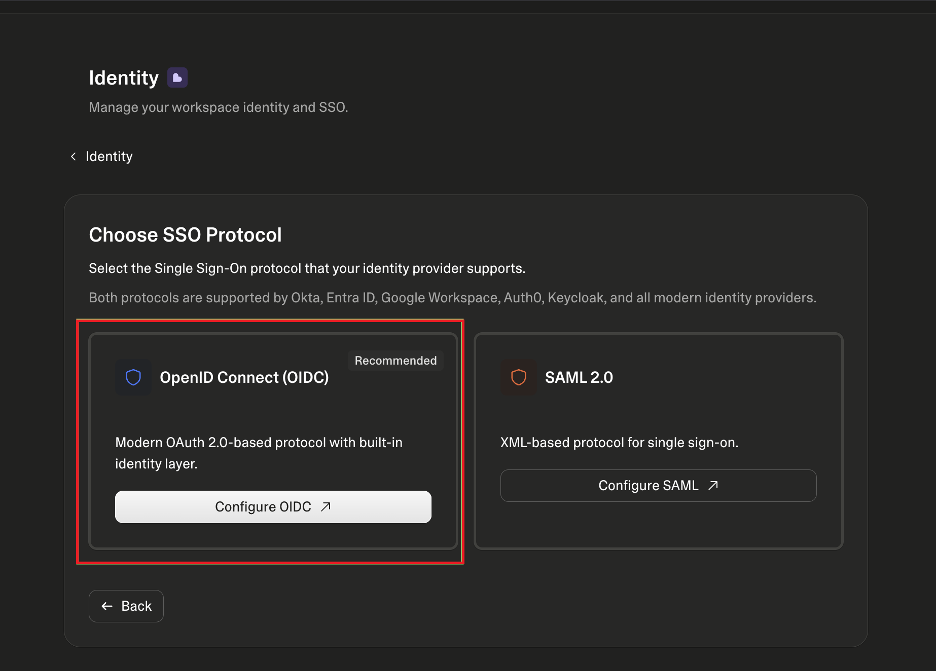 Screenshot of showing to Choose SSO Protocol.