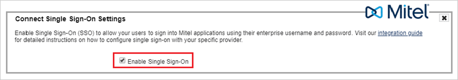 Screenshot that shows the Mitel Connect Single Sign-On Settings page, with the Enable Single Sign-On check box selected.