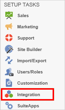 Screenshot shows Integration selected from SETUP TASKS.