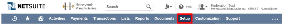 Screenshot shows Setup selected from the NETSUITE navigation bar.