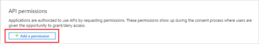 Screenshot that shows the "A P I permissions" section with the "Add a permission" button selected.