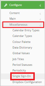 Screenshot that shows the "Configure" tab with "Single Sign-On" selected from the "Miscellaneous" menu.