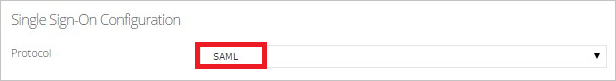 Screenshot that shows the "Single Sign-On Configuration" section with "S A M L" selected from the "Protocol" menu.