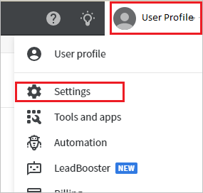 Screenshot that shows "Settings" selected from the "User Profile" menu.