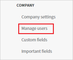 Screenshot that shows "Manage users" selected from the "Company" menu.