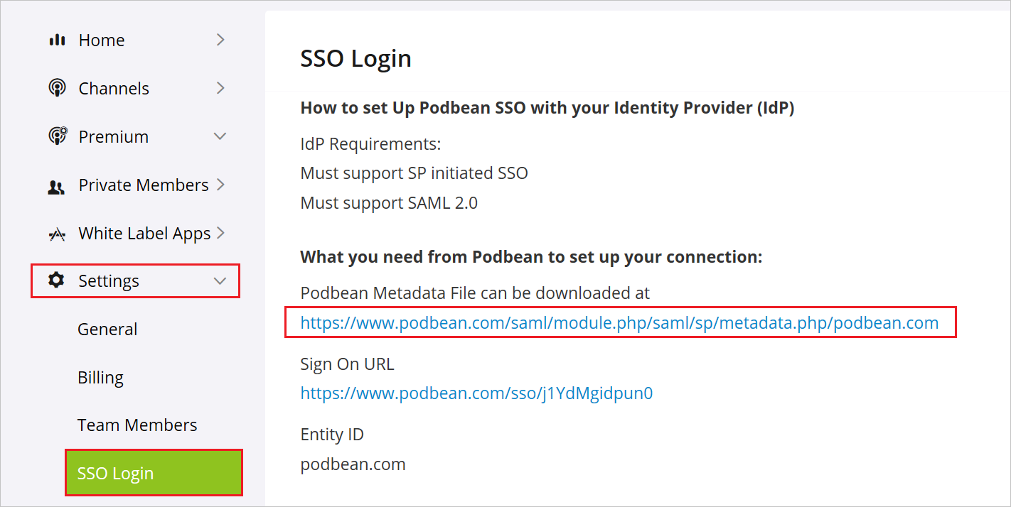 screenshot to download the Podbean SSO Metadata File