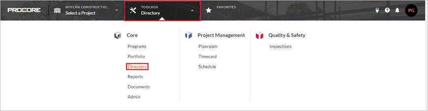 Screenshot shows the Procore company site with Directory selected from the toolbox.