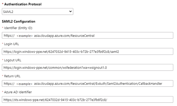 Screenshot of the SAML2 Configuration pane in Resource Central.