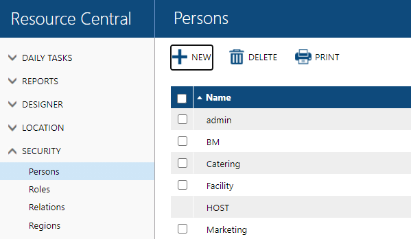 Screenshot that shows the Persons pane in Resource Central, with the New button highlighted.