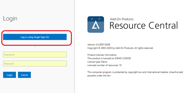 Screenshot of the Resource Central single sign-on test webpage.