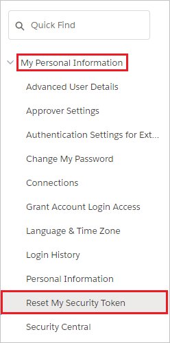 Screenshot shows Reset My Security Token selected from My Personal Information.