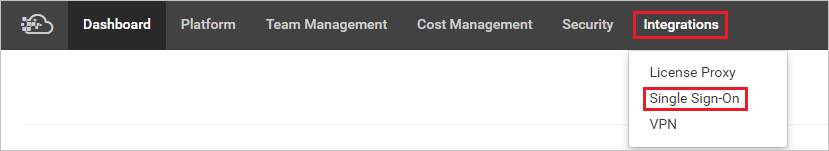 Screenshot that shows "Integrations" selected, and "Single Sign-On" selected from the drop-down menu.