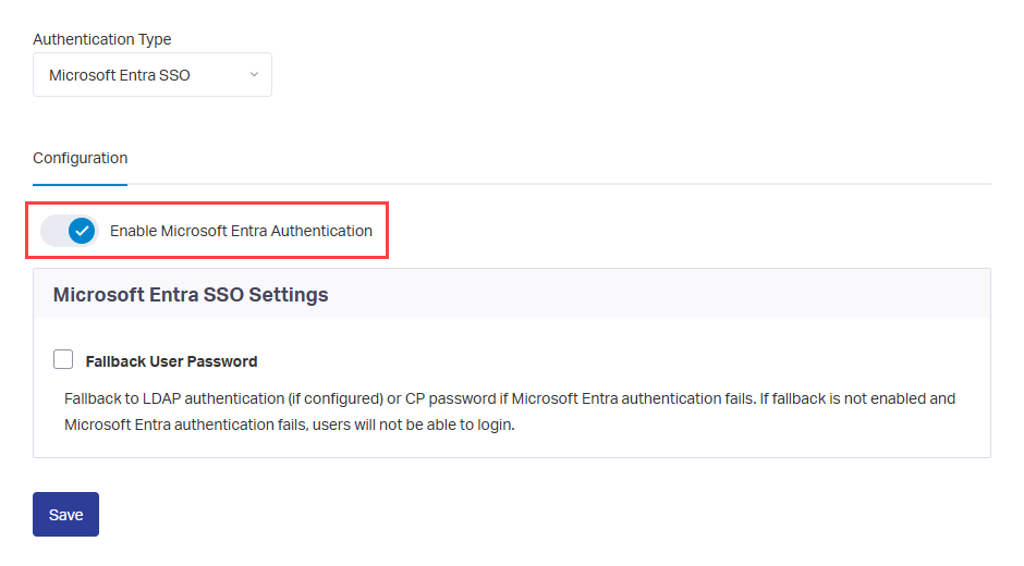 Screenshot of the Configuration section with Enable Microsoft Entra Authentication turned on.