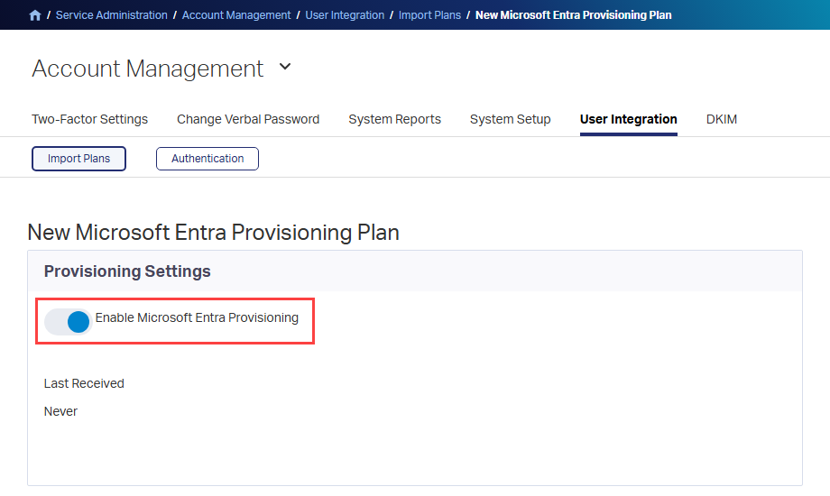 Screenshot of the Provisioning Settings section with Enable Microsoft Entra Provisioning turned on.