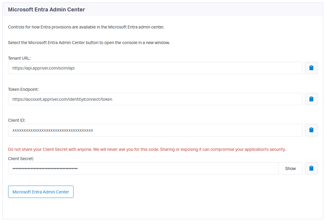 Screenshot of the Microsoft Entra Admin Center section with the Tenant URL, Token Endpoint, Client ID, and Client Secret fields.