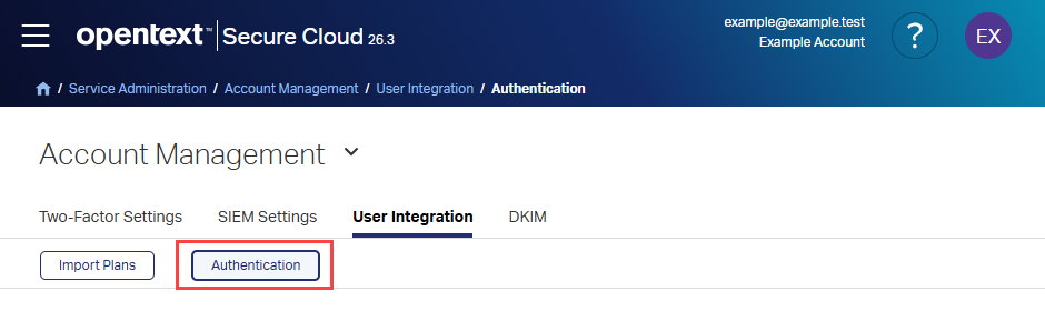 Screenshot of the User Integration page with Authentication highlighted.