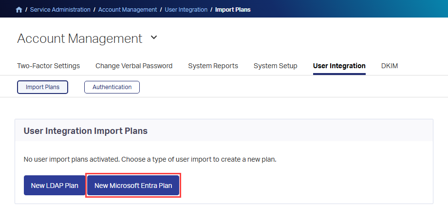 Screenshot of the User Integration Import Plans section with New Microsoft Entra Plan highlighted.