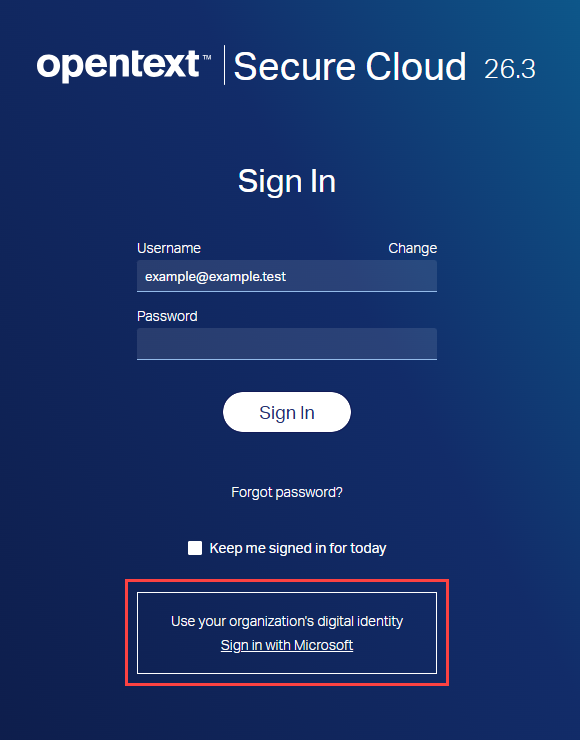 Screenshot of the sign-in page with Sign in with Microsoft highlighted.