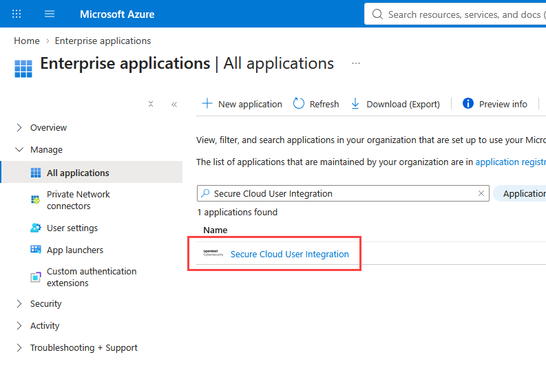 Screenshot of the Enterprise applications list with Secure Cloud User Integration highlighted.