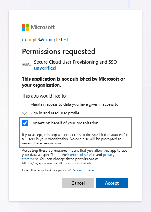 Screenshot of the Permissions requested page with Consent on behalf of your organization selected.