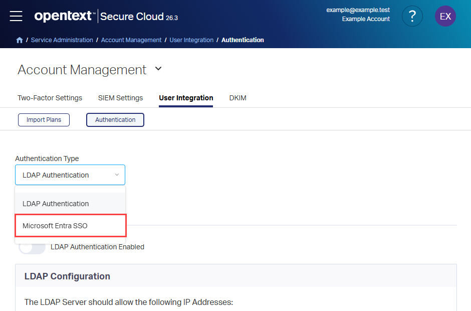 Screenshot of the Authentication Type list with Microsoft Entra SSO selected.