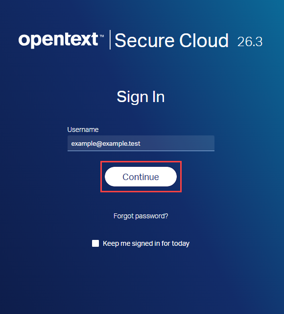 Screenshot of the Secure Cloud sign-in page with Continue highlighted.
