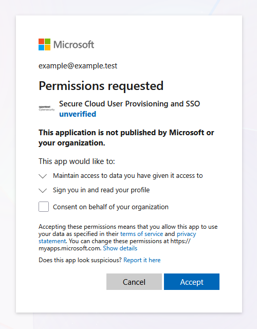 Screenshot of the Permissions requested page.