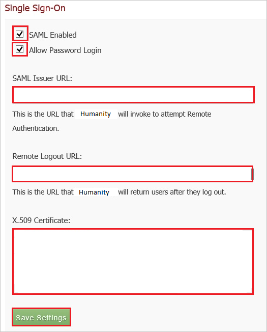 Screenshot shows the Single Sign-On section where you can enter the values described.