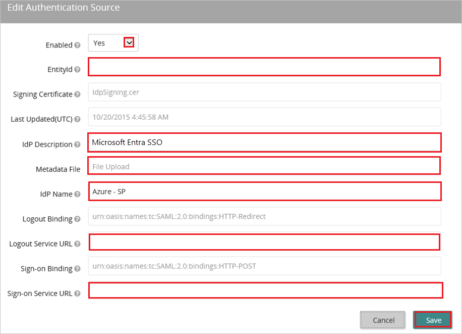 Screenshot shows the Edit Authentication Source dialog box where you can enter the values described.