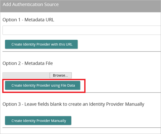 Screenshot shows Add Authentication Source with the Create Identity Provider using File Data button selected.